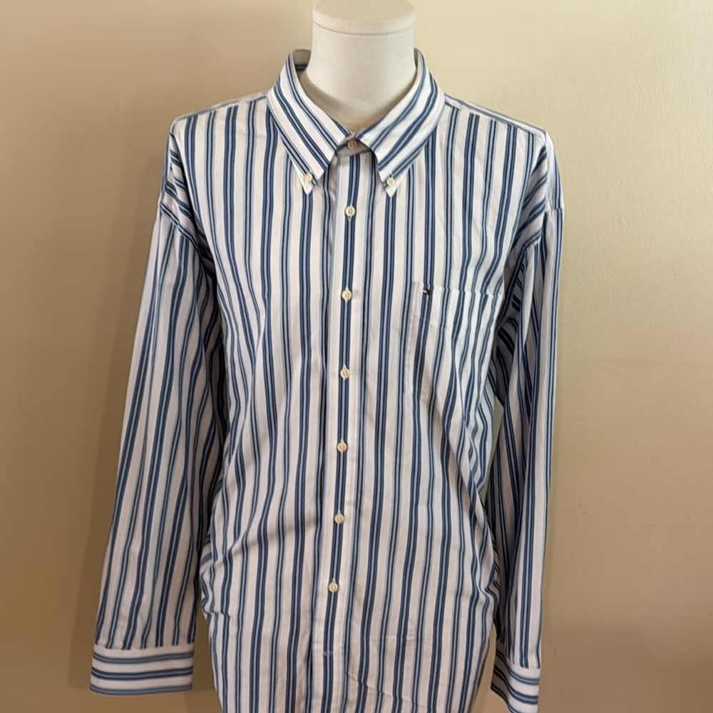 Tommy Hilfiger XXL Blue Stripe Dress Shirt - 80’s 2 Ply Fabric